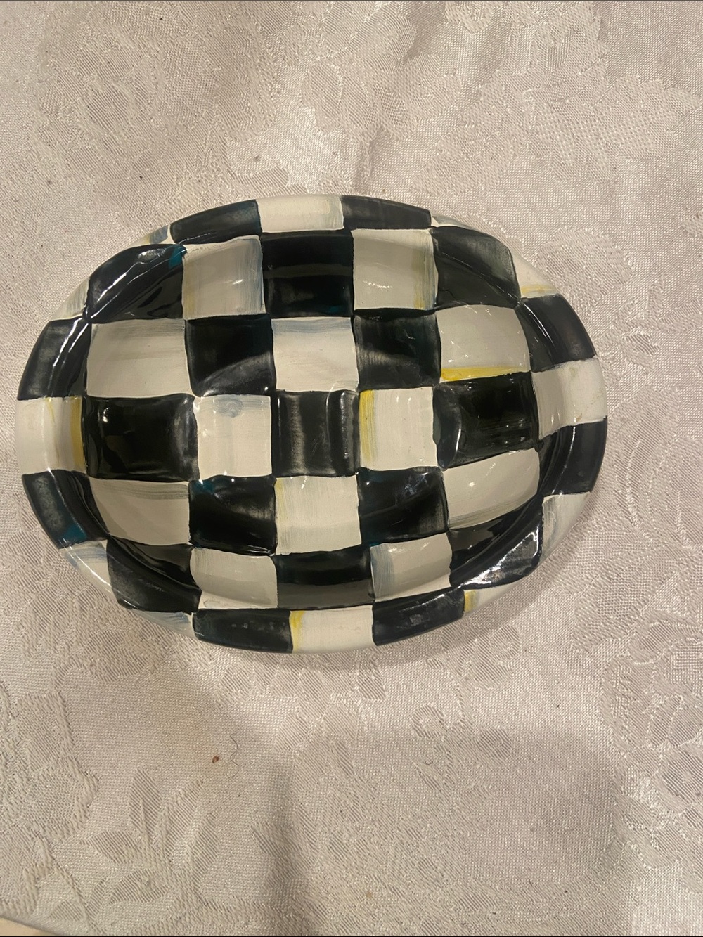 MacKenzie-Childs Black, Cream and Yellow Checkered Ceramic Bowl